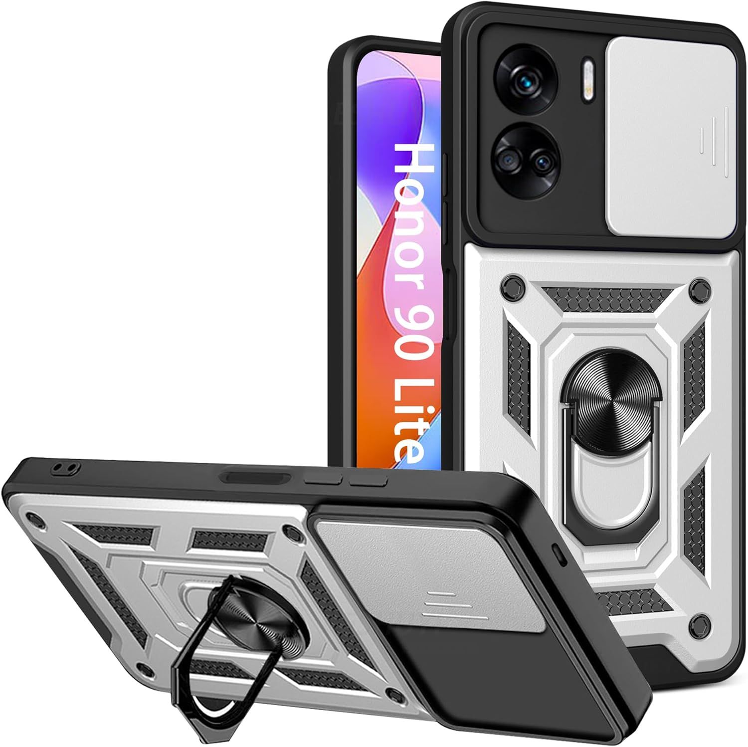 Coque Pour Honor 90 Lite 5g Avec Lentille Coulissante Couverture Et Support Rotatif, Anti-Chute Etui Housse Compatible Avec Support De Voiture Magnetique, Argent
