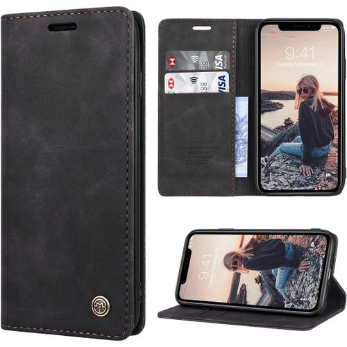 Pour Coque Iphone Xr Cuir Etui Housse Premium Pu Portefeuille De Protection [Magnetique] [Carte Fentes] [Stand Fonction] Flip Case Pour Iphone Xr - Noir