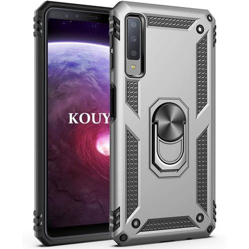 Coque Samsung Galaxy A7 2018,Double Couche Renforcee Defense Bumper Tpu Silicone Antichoc Armure Housse Etui Avec Anneau Support Pour Samsung Galaxy A7 2018 (Argent)