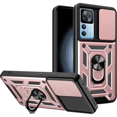 Coque Pour Xiaomi 12t Pro/Xiaomi 12t Avec Cache Webcam & Support Annulaire A 360 Degres, Anti-Chute Etui Housse Compatible Avec Support De Voiture Magnetique, Or Rose