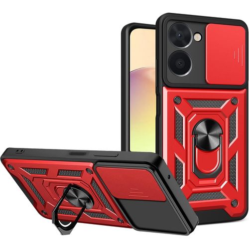 Coque Pour Realme 10 4g Avec Cache Webcam & Support Annulaire A 360 Degres, Anti-Chute Etui Housse Compatible Avec Support De Voiture Magnetique, Rouge