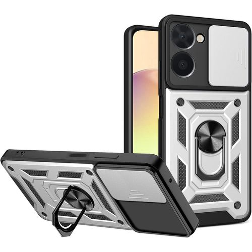 Coque Pour Realme 10 4g Avec Cache Webcam & Support Annulaire A 360 Degres, Anti-Chute Etui Housse Compatible Avec Support De Voiture Magnetique, Argent
