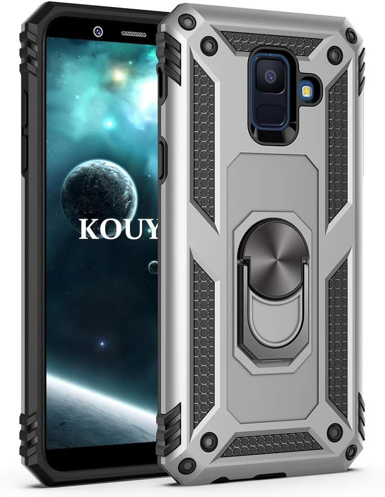Coque Samsung Galaxy A6 Plus 2018,Double Couche Renforcee Defense Bumper Tpu Silicone Antichoc Armure Housse Etui Avec Anneau Support Pour Samsung Galaxy A6 Plus 2018 (Argent)