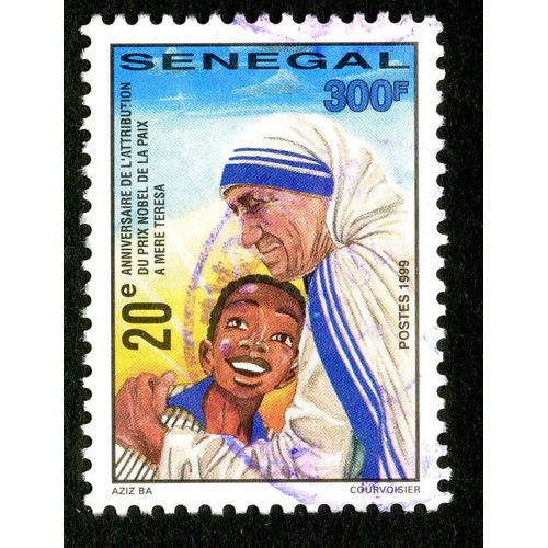 Timbre Oblitéré Sénégal, 20e Anniversaire De L'attribution Du Prix Nobel De La Paix À Mère Teresa, Postes 1999, 300f