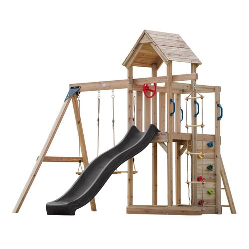 Axi Moos Aire De Jeux En Bois Avec 2 Balançoires, Echelle En Corde, Toboggan Gris / Aire De Jeux Extérieur Avec Balançoires/ Bac À Sable/Mur D'escalade| Portique Balançoire/Jeux En Bois Extérieur