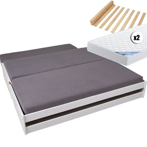 Barbara - Pack Lit Gigogne 3 Couchages 90x200cm Blanc + 2 Matelas Ibiza