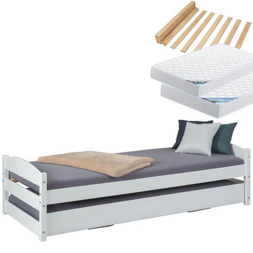 Brodi - Pack Lit Gigogne 90x200cm Blanc + Matelas Ibiza + Matelas Chypre