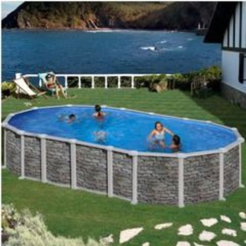 Kit piscine hors-sol santorini acier aspect pierre ovale 3 renforts "u" 730 x 375 x h132 cm