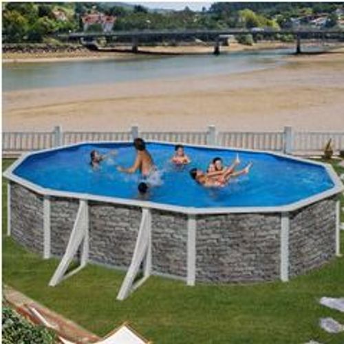 Kit piscine hors-sol cerdeña acier aspect pierre ovale 4 renforts apparents 610 x 375 x h120 cm