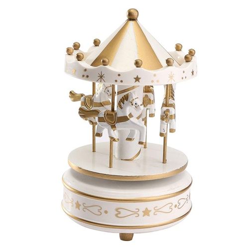 Boîte À Musique Carrousel En Bois, Cheval À Remonter, Rond Point, Cadeau D'anniversaire Ou De Noël Pour Enfant, Couleur: Doré