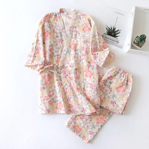 Pyjama Kimono Imprimé Rose Pour Femme,Ensemble 2 Pièces,Fin,Col En V,Manches Trois-Quarts,Gaze De Coton,Vêtements De Nuit