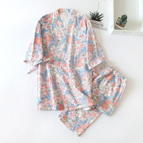 Pyjama Kimono Imprimé Rose Pour Femme,Ensemble 2 Pièces,Fin,Col En V,Manches Trois-Quarts,Gaze De Coton,Vêtements De Nuit