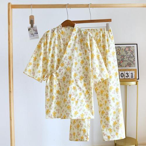 Pyjama Kimono Imprimé Rose Pour Femme,Ensemble 2 Pièces,Fin,Col En V,Manches Trois-Quarts,Gaze De Coton,Vêtements De Nuit