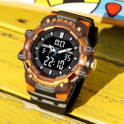 Montre De Sport Numérique Pour Hommes,Étanche,Double Affichage De L'heure,Rétro-Éclairage,Chronographe,Quartz,Avec Date Automatique,Semaine - Type Black Orange