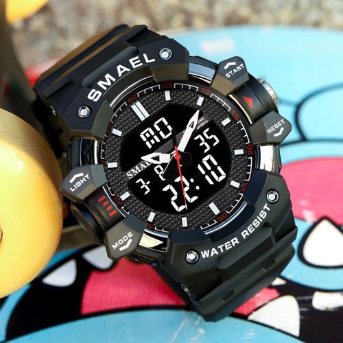 Montre De Sport Numérique Pour Hommes,Étanche,Double Affichage De L'heure,Rétro-Éclairage,Chronographe,Quartz,Avec Date Automatique,Semaine - Type Black White