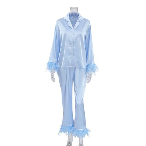 Nhkds.Co.Jp-Vêtements De Nuit En Plumes Pour Femme,Ensemble 2 Pièces,Manches Sulf,Col Rabattu,Y-Satin,Décontracté,Avec Pantalon,Été 2023