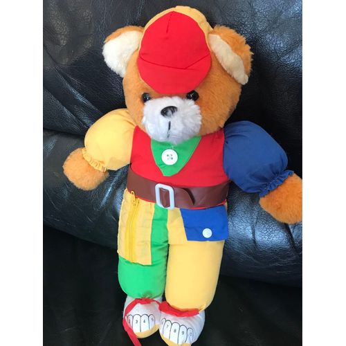 Doudou Peluche Ours D'activités Rouge Bleu Jaune Vert Casquette Bouton Fermeture 35cm Vintage 