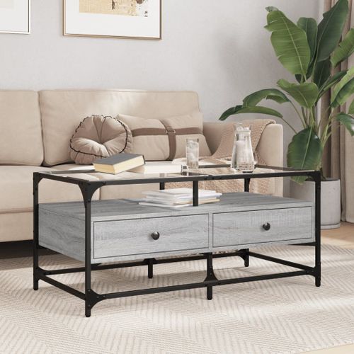 Vidaxl Table Basse Avec Dessus En Verre Sonoma Gris 98,5x50x45cm Acier