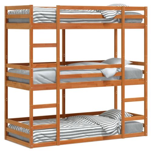 Vidaxl Lit Superposé Triple Marron Cire 90x200 Cm Bois De Pin Massif