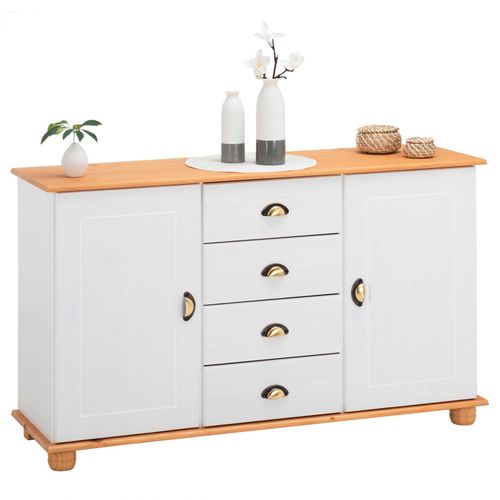 Buffet Colmar Commode Bahut Vaisselier Meuble Bas Rangement Avec 4 Tiroirs Au Centre Et 2 Portes, En Pin Massif Lasuré Blanc Et Brun