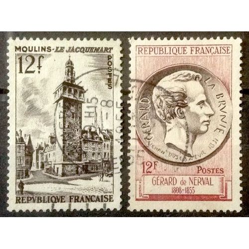 Jacquemart De Moulins 12f (N° 1025) + Médaillon Gérard De Nerval 12f (N° 1043) Obl - France Année 1955 - Brn83 - N33174