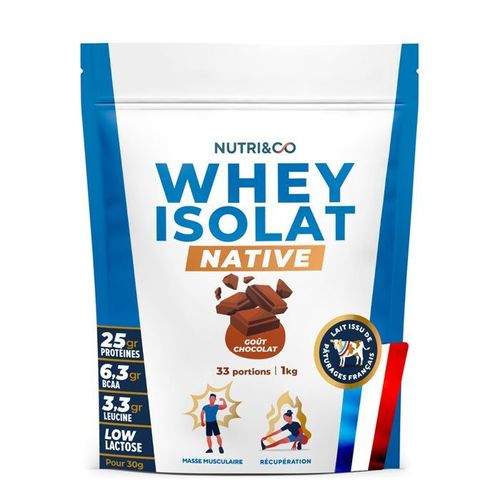 Protéine Whey Isolate Native|Jusqu¿À 94% De Protéines|Pur Lait Français Low Lactose|1kg 33 Portions Goût Chocolat|Nutri&co