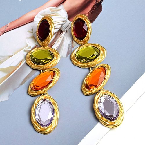 Boucles D'oreilles Longues En Métal Doré Pour Femmes, Strass Colorés, Tendance, Cristal Fin Et Clair, Accessoires Bijoux Pour Femmes, Vente En Gros