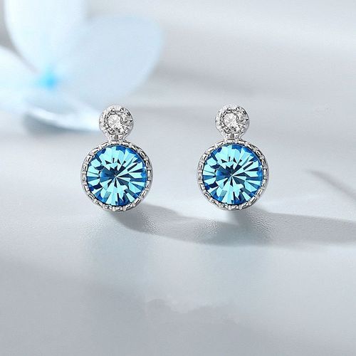 Boucles D'oreilles Rondes En Argent Sterling 925 Et Cristal Bleu Pour Femmes, Bijoux Élégants Pour Fête De La Saint Valentin, Eh1206