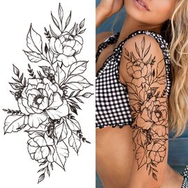 Tatouage Rose Femme Tatouage temporaire de fleur de pivoine pour femmes et filles, noir, Zinna  Lily chaînes, autocollant serpent, faux tatouages roses réalistes, jambe -  Type GXQB265 | Rakuten