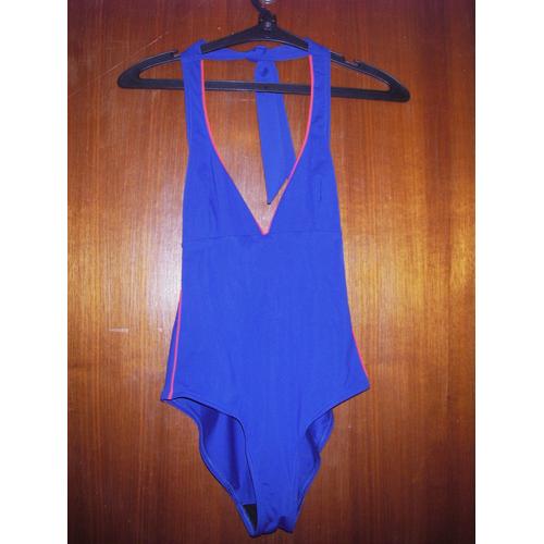 Maillot De Bain 1 Pièce, Coloris Bleu, Bords Rouges, Taille 36.