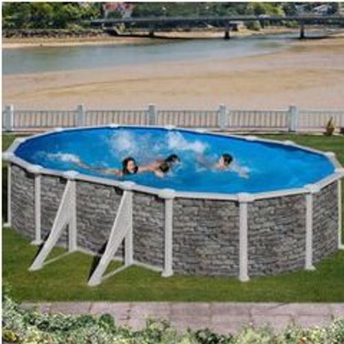 Kit piscine hors-sol corcega acier aspect pierre ovale 4 renforts 610 x 375 x h132 cm