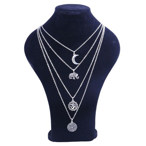 Collier Ras Du Cou En Métal Argenté Pour Femme, Style Bohème, Avec Pendentif Lune, Éléphant, Multicouche, Nouveauté