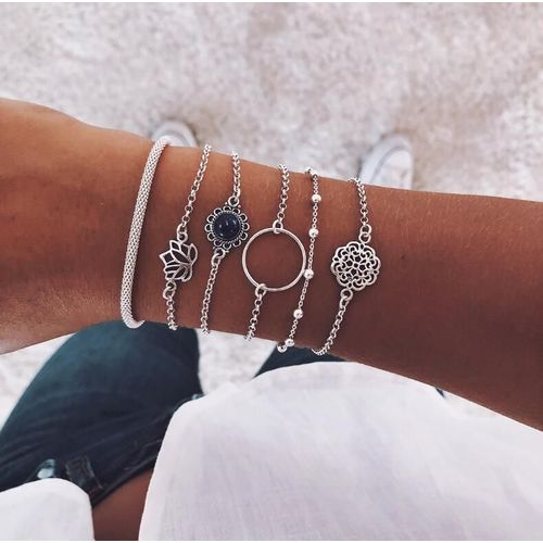 6 Bracelets Bohème En Résine, Fleurs De Lotus, Rond En Métal Perlé, À La Mode, Ensemble De Bijoux De Fête Pour Femmes, 2019