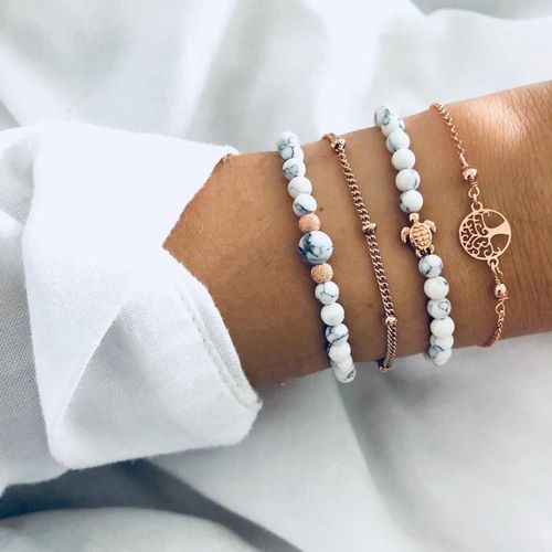 Bracelet Bohème Avec Tortue, Ensemble De 4 Bracelets Pour Femmes, Perles En Pierre Blanche, Bijoux
