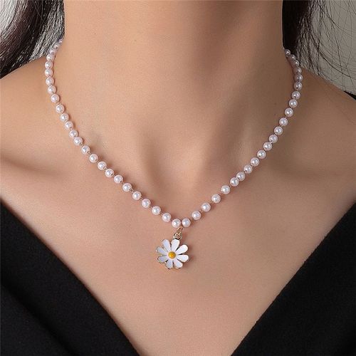 Petit Pendentif Chrysanthème Marguerite Pour Femmes, Collier Ras Du Cou En Métal Doré Perlé, Bijoux De Déclaration
