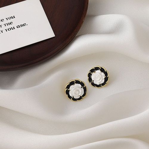 Boucles D'oreilles Plante En Métal Pour Femmes, Bijoux Rétro Rond Camélia, Fleur Noire Et Blanche, À La Mode, Nouvelle Collection 2021