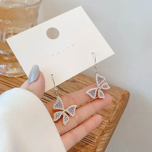 Boucles D'oreilles Papillon En Cristal Pour Femmes, Bijou Coréen, Tendance, Violet, Imitation Perle, Cadeau, Nouvelle Collection 2020