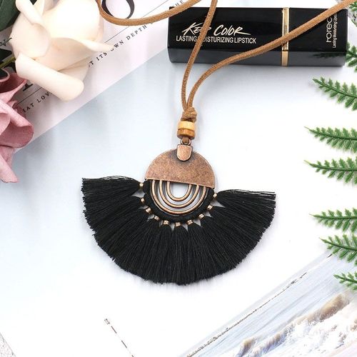 Long Collier Ethnique En Cuir Pour Femmes, 9 Couleurs, Style Bohème, Rond, Creux, Pompon, Chaîne De Pull À Breloques Vintage