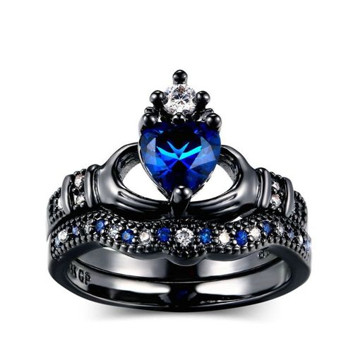 Bague De Mariage En Cristal Bleu Pour Femmes, Ensemble De Bagues De Couleur Or Et Noir En Zircon Cubique, Couronne De C¿Ur D'amour, Nouvelle Collection 2021