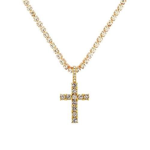 Collier Chaîne Longue En Cristal Rose Croix Pour Femmes, Pendentif Strass Couleur Or Argent, Bijoux Punk Hip Hop