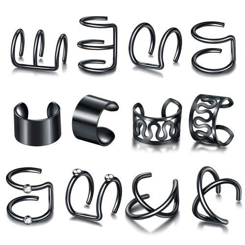 12 Pièces/Ensemble Mignon Or Noir Étoile Croix Oreille Clip Boucles D'oreilles Manchette Pour Femmes Hommes Non Piercing Faux Cartilage Oreille Clips Bijoux