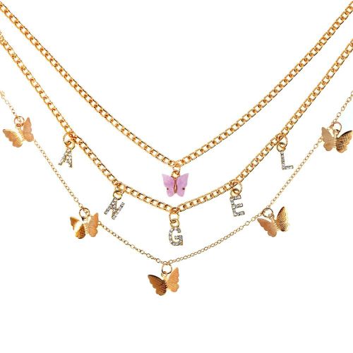 Collier À Pendentif Papillon Multicouche Pour Femmes, Couleur Or, Lettre Ange Cristal, Ras Du Cou, Bijoux Boho