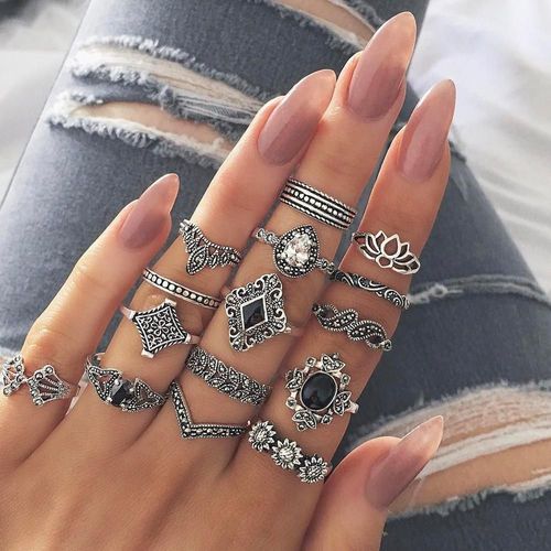Ensemble De Bagues Bohème Vintage Lotus Fleur Croix Lune, Pour Femmes, Cristal Noir, Midi, Bijoux Cadeaux De Fête, 2020