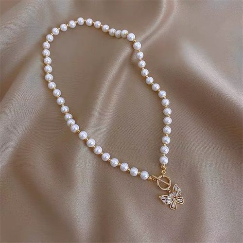 Collier Ras Du Cou En Imitation De Perles, Fermoir À Bascule, Pendentif Papillon En Cristal Strass Doux, Pour Femmes Et Filles, Perle D'or