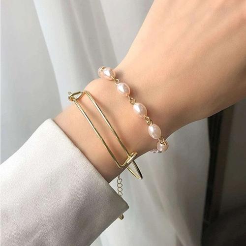 2pcs Trendy Imitation Pearl Bangles Bracelets Set For Women Girls Fashion Multilayer Gold Metal Bracelet Gifts Jewelry