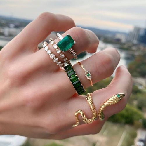 Bagues Vintage Serpent Pour Femmes, Ensemble De Bijoux Gothiques, Couleur Or Géométrique, Cristal Vert