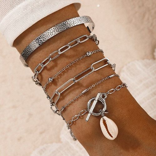 Bracelets En Métal Argenté Pour Hommes Et Femmes, Chaîne, Coquillage, Punk, Plage, Été, Bijoux, Cadeau D'amitié, 6, Pièces/Ensemble