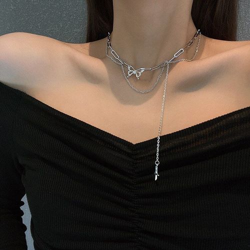 Collier Ras Du Cou En Métal Argenté Pour Femmes, Chaîne À Maillons Papillon, Pendentif Étoile À Pampilles, Bijoux De Fête De Mariage, 2021