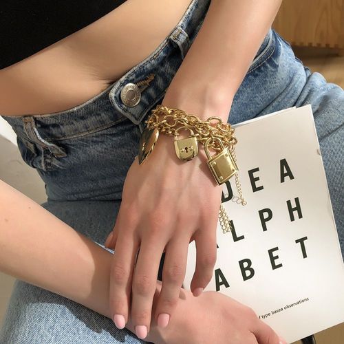 Ensemble De Bracelets Punk À Chaîne Épaisse Et Exagérée Pour Femmes, Charmant Ensemble De Bracelets De Fête Avec Serrure En Métal Doré, Accessoires Bijoux Cadeaux, 2021