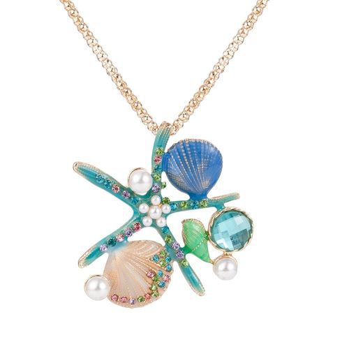 Collier Long Avec Pendentif Coquille De Conque Et Étoile De Mer Pour Femmes, Perle Blanche, Bleu, Émail, Cristal, 2019